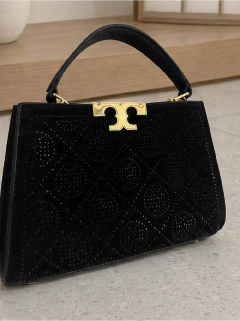 Tory Burch Black Suede Top-Handle Satchel with Gold Hardware